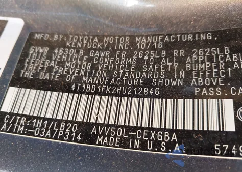 2017 Toyota Camry Hybrid Xle from USA, damaged, VIN 4T1BD1FK2HU212846